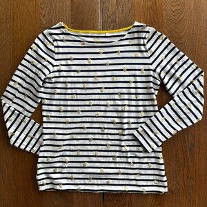 Boden Breton Long-Sleeve Navy White Stripe Mariner Top Gold Lemon Size 6 Women’s